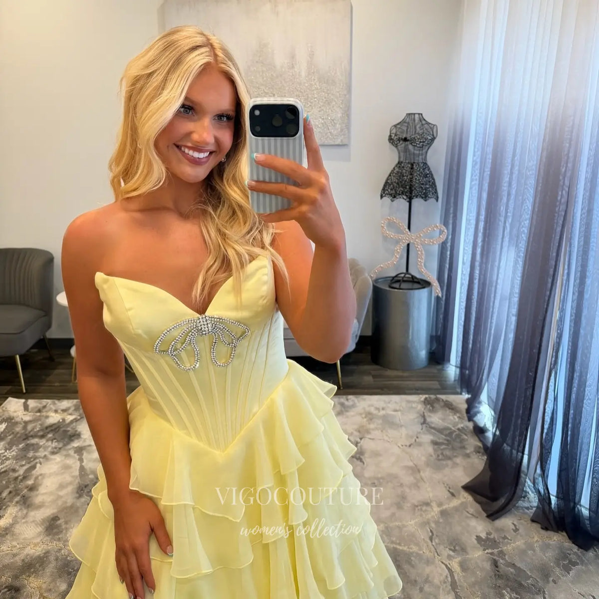 Prom Dresses 2025 to impress Butter Yellow Strapless Corset Prom Dress with Rhinestone Bow, Basque Waist and Tiered Ruffle Skirt - P26084-vigocouture-vigocouture
