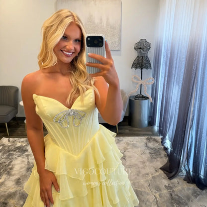 Prom Dresses 2025 to impress Butter Yellow Strapless Corset Prom Dress with Rhinestone Bow, Basque Waist and Tiered Ruffle Skirt - P26084-vigocouture-vigocouture