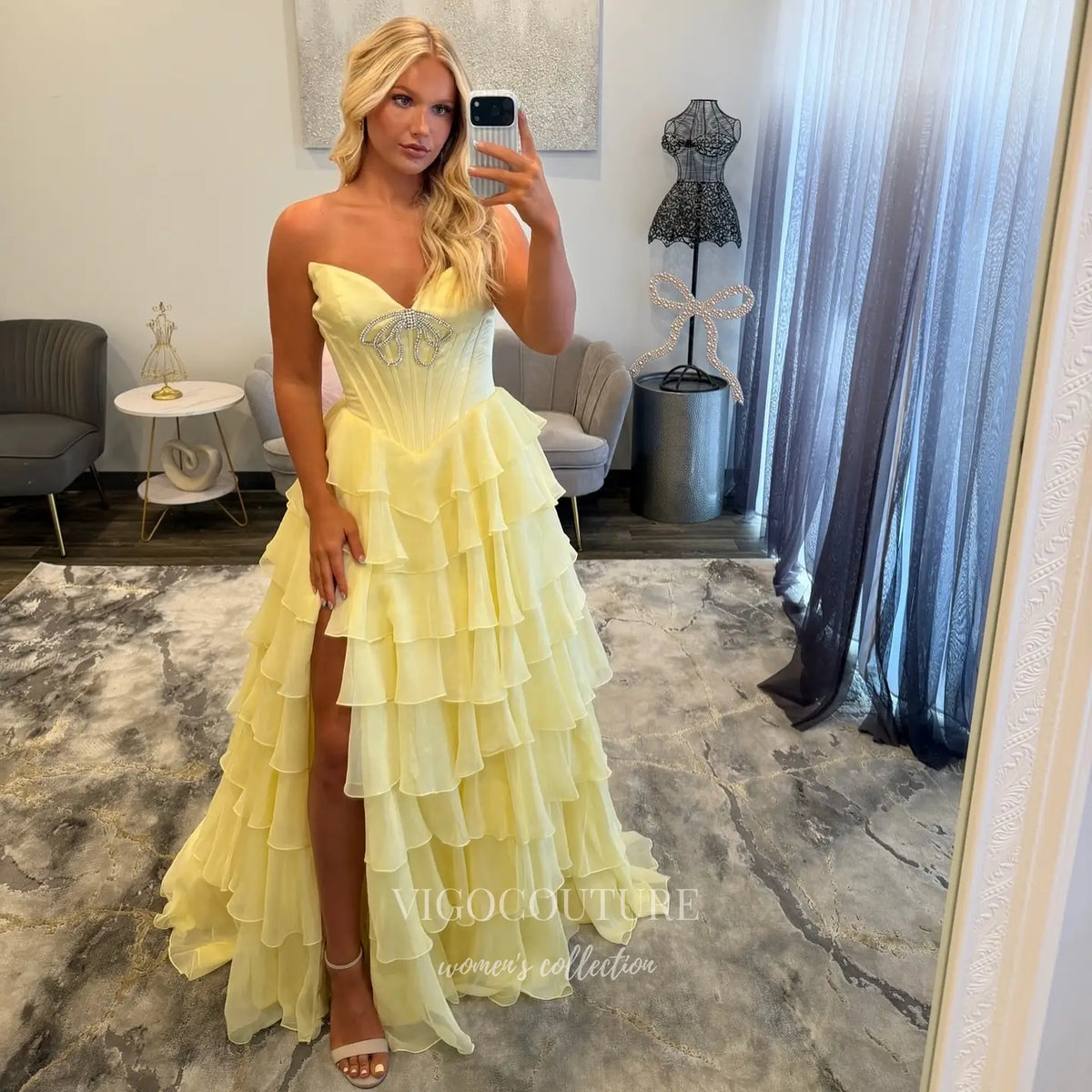 Prom Dresses 2025 to impress Butter Yellow Strapless Corset Prom Dress with Rhinestone Bow, Basque Waist and Tiered Ruffle Skirt - P26084-vigocouture-vigocouture