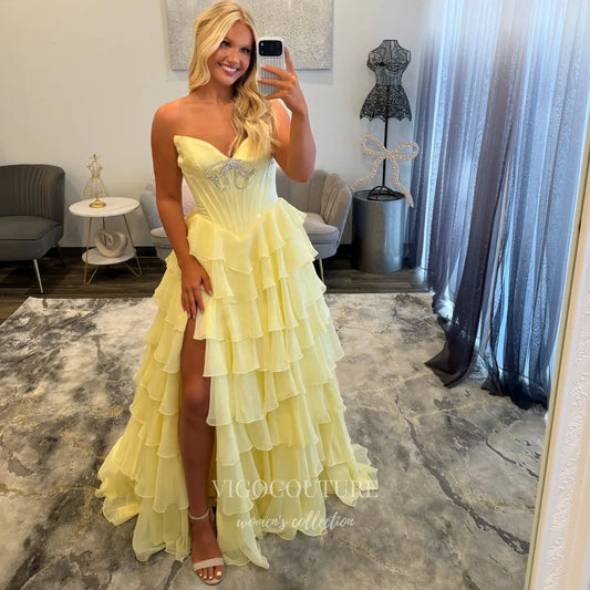 Prom Dresses 2025 to impress Butter Yellow Strapless Corset Prom Dress with Rhinestone Bow, Basque Waist and Tiered Ruffle Skirt - P26084-vigocouture-vigocouture