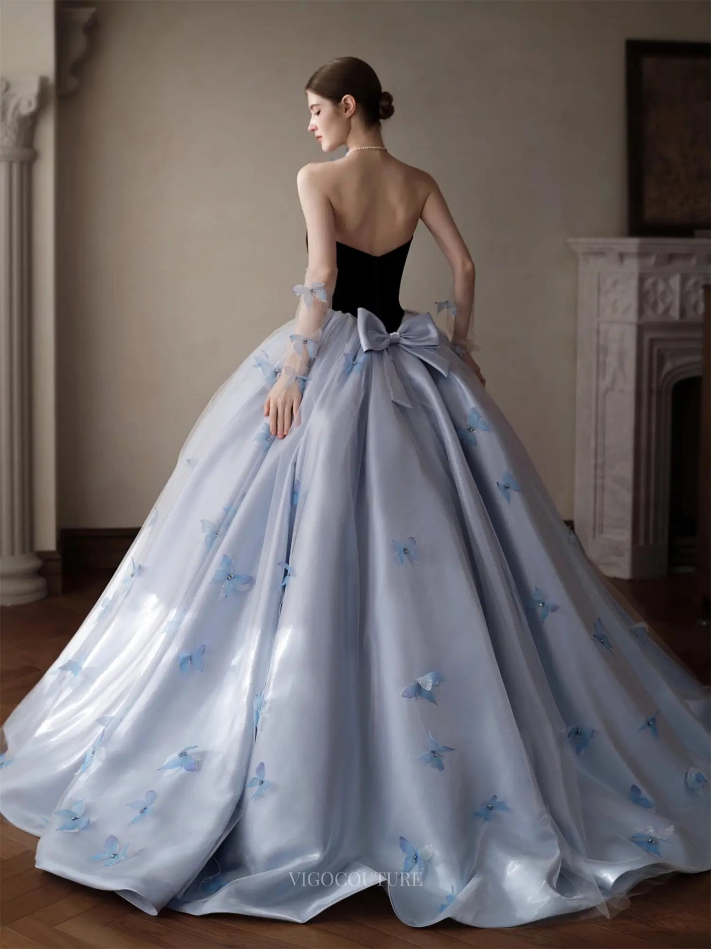 Prom Dresses 2025 to impress Caelara - Blue Strapless Satin Formal Dress with Butterfly & Bow-vigocouture-vigocouture