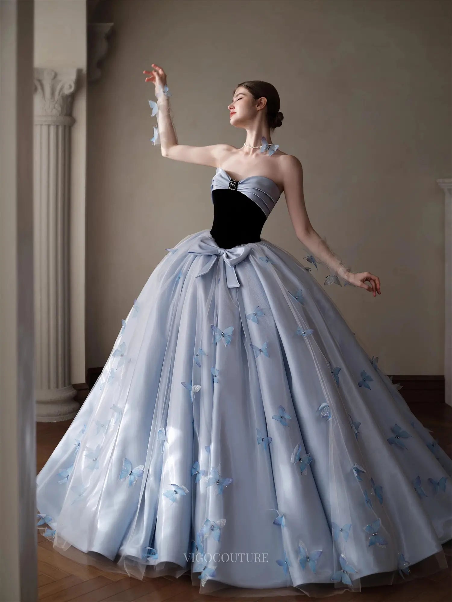 Prom Dresses 2025 to impress Caelara - Blue Strapless Satin Formal Dress with Butterfly & Bow-vigocouture-vigocouture