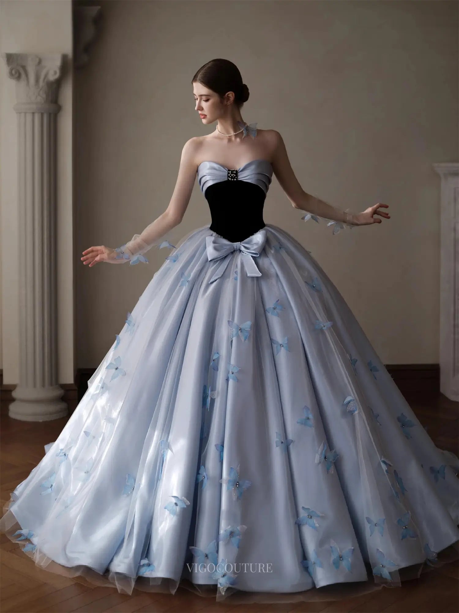 Prom Dresses 2025 to impress Caelara - Blue Strapless Satin Formal Dress with Butterfly & Bow-vigocouture-Blue-Custom Size-vigocouture