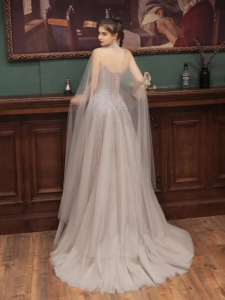 Prom Dress 2025 Cape Sleeve Beaded Prom Dress 2022 Strapless Prom Gown-unique elegant Prom Dresses-Silver-US2-vigocouture