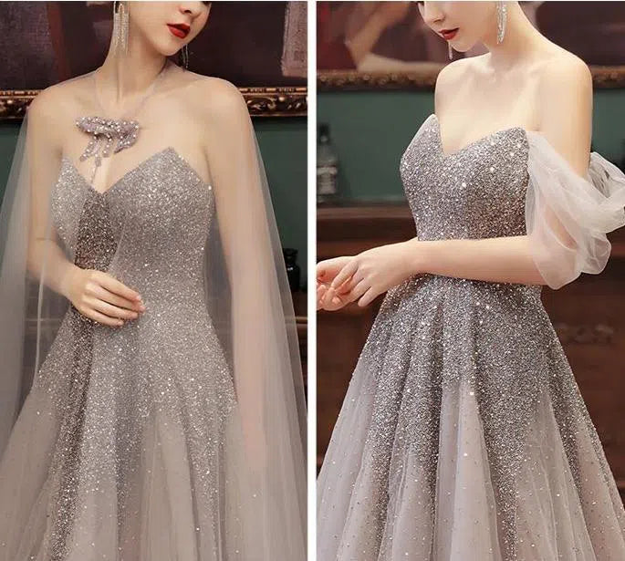 beaded prom dresses 2022 Cape Sleeve Beaded Prom Dress 2022 Strapless Prom Gown Silver / US16
