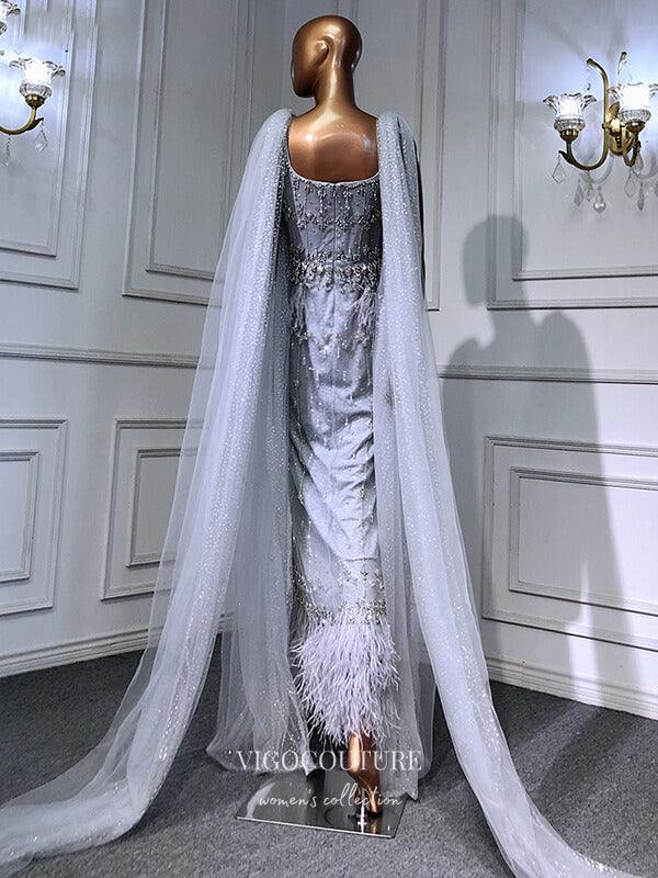 Prom Dress 2025 Cape Sleeve Formal Dresses Beaded Evening Dresses 21520-unique elegant Prom Dresses-Silver-US2-vigocouture