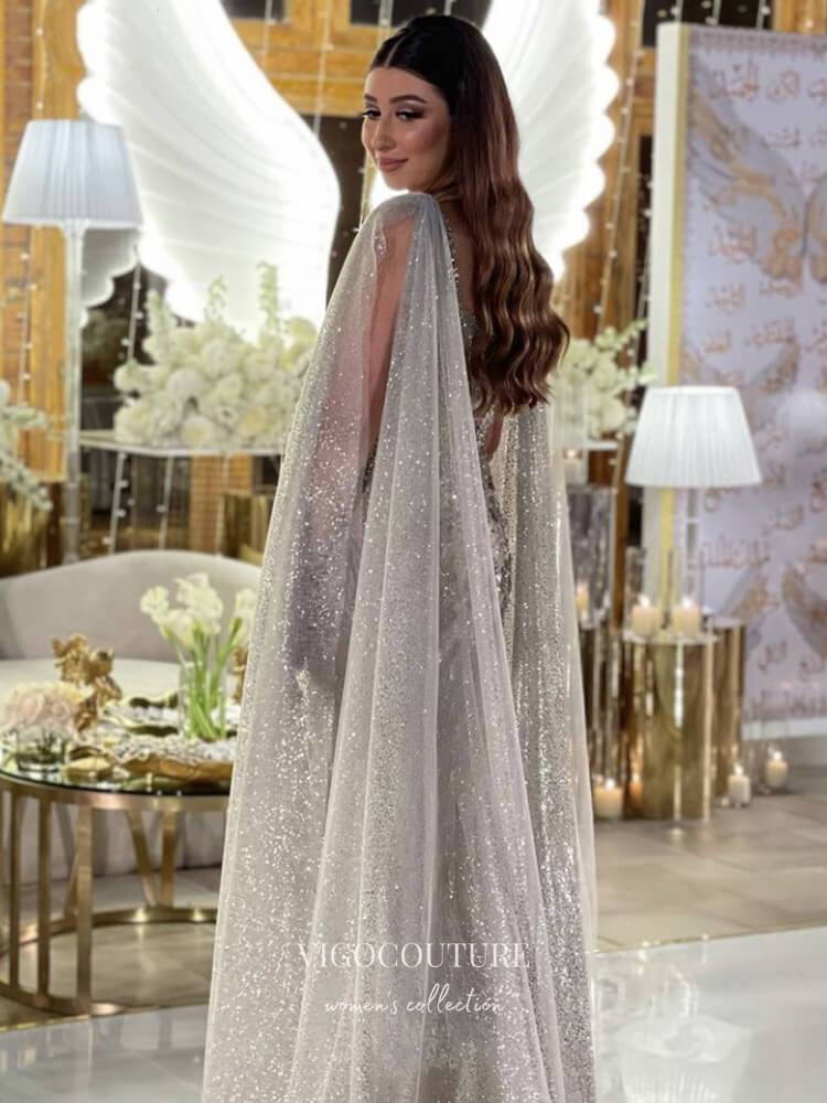 Prom Dress 2025 Cape Sleeve Formal Dresses Beaded Evening Dresses 21520-unique elegant Prom Dresses-Silver-US2-vigocouture