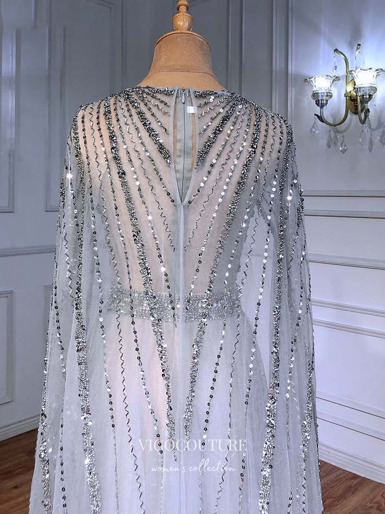 Cape Sleeve Formal Dresses Beaded Evening Dresses 21525 Silver / US14 Cape Sleeve Formal Dresses Beaded Evening Dresses 21525 Silver / US14