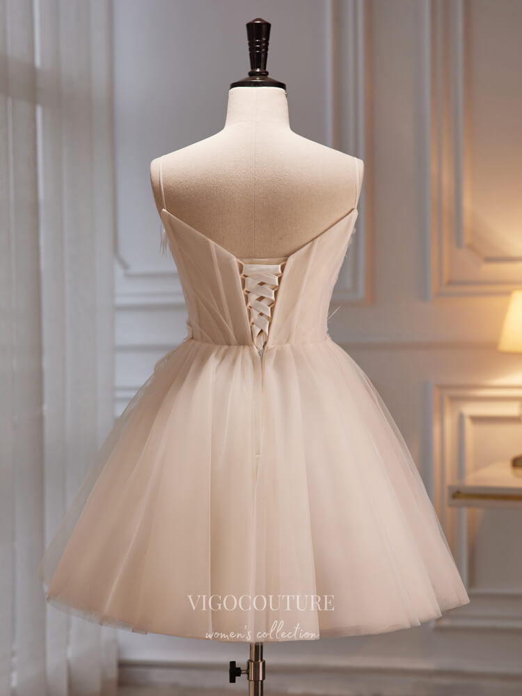 Champagne 3D Flower Hoco Dresses Spaghetti Strap Short Prom Dress hc23 vigocouture Champagne 3D Flower Hoco Dresses Spaghetti Strap Short Prom Dress hc23 vigocouture