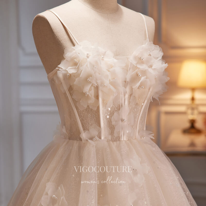 champagne dress hoco Champagne 3D Flower Hoco Dresses Sparkly Spaghetti Strap Graduation Dress hc240