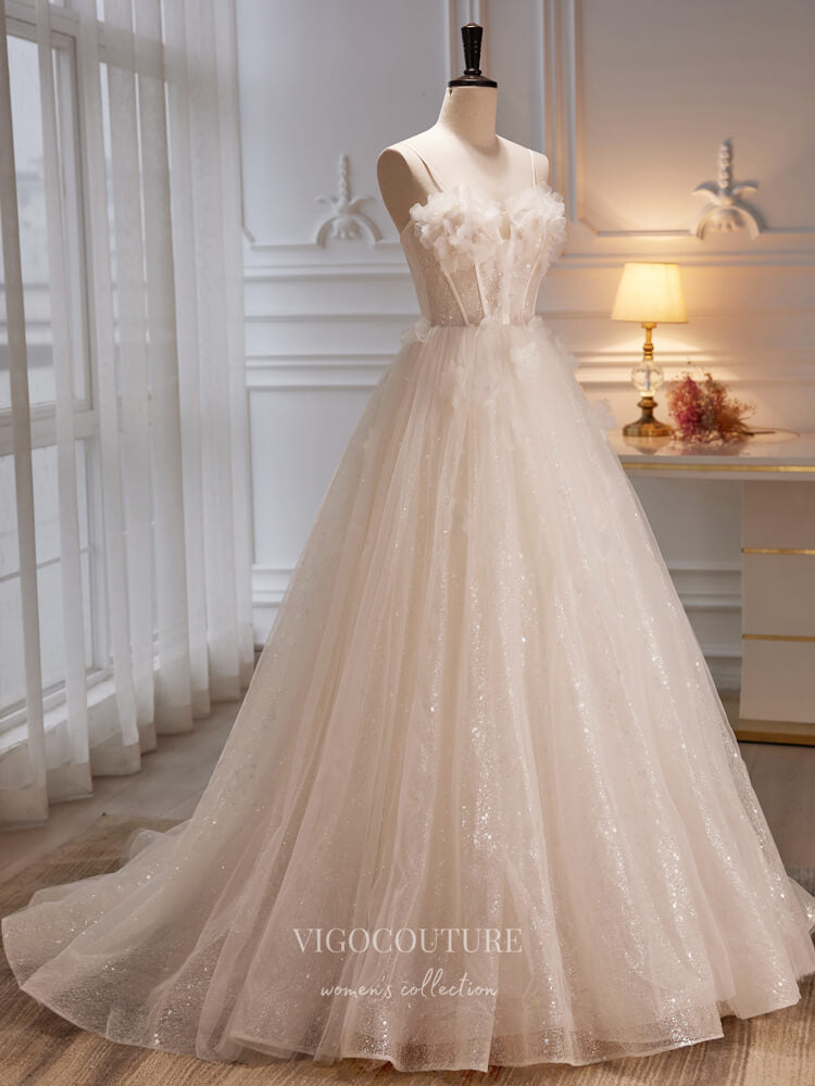 Prom Dress 2025 Champagne 3D Flower Prom Dresses Sparkly Tulle Spaghetti Strap Formal Gown 22176-unique elegant Prom Dresses-Champagne-US2-vigocouture