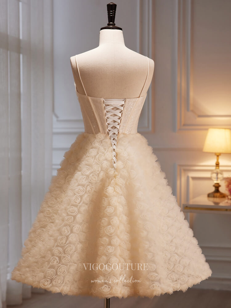 Champagne 3D Rosette Homecoming Dresses Mid-Length Spaghetti Strap Prom Dress hc238 - Champagne / US10 Champagne 3D Rosette Homecoming Dresses Mid-Length Spaghetti Strap Prom Dress hc238 - Champagne / US10