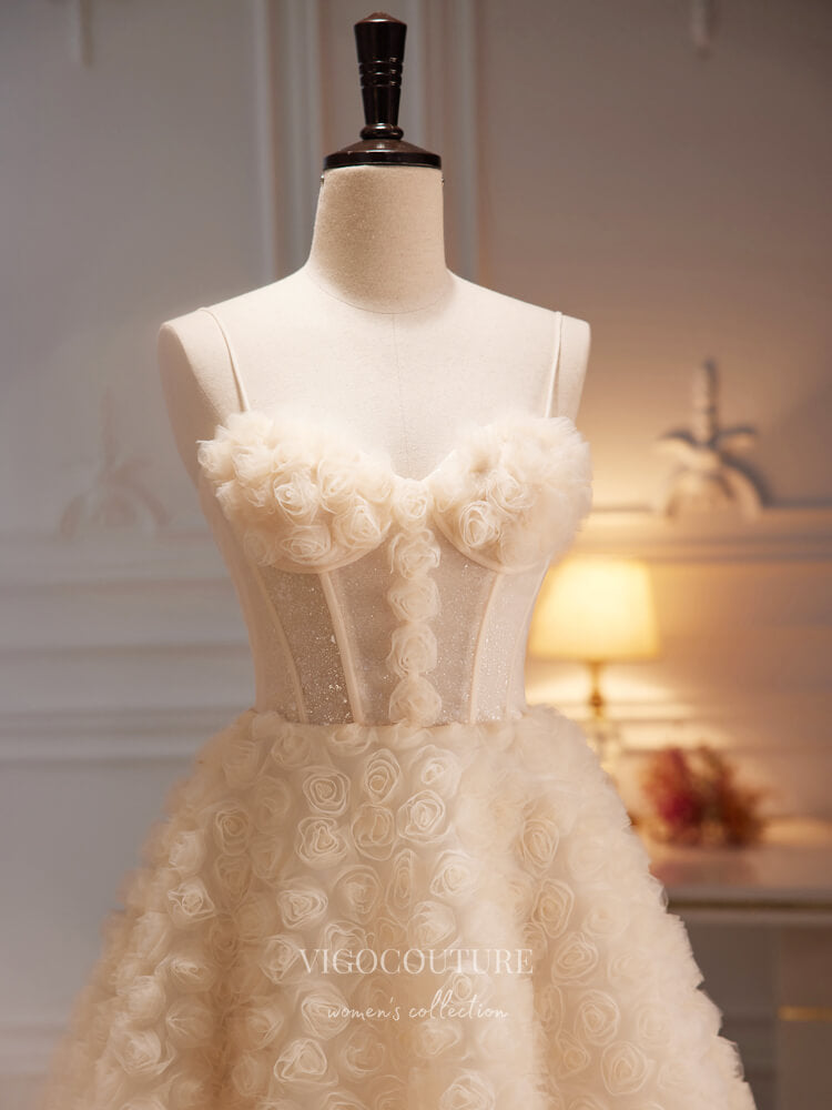 Champagne 3D Rosette Homecoming Dresses Mid-Length Spaghetti Strap Pro – vigocouture