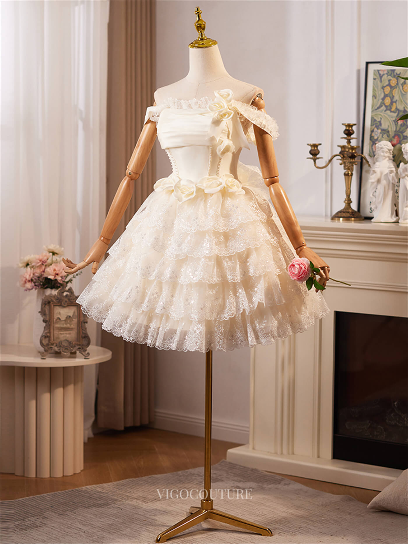 Champagne 3D Ruffled Lace Homecoming Dresses Off the Shoulder Short Pr vigocouture Champagne 3D Ruffled Lace Homecoming Dresses Off the Shoulder Short Pr vigocouture