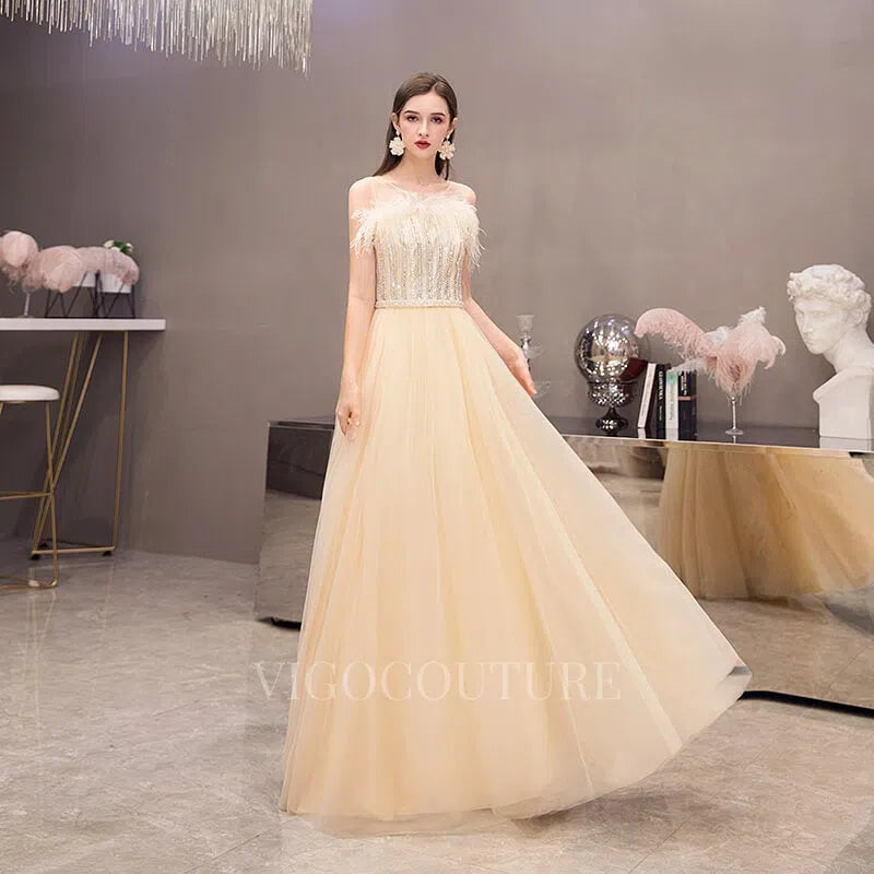 Champagne A-line Prom Dresses Boatneck Feather Beaded Prom Dresses 200 vigocouture Champagne A-line Prom Dresses Boatneck Feather Beaded Prom Dresses 200 vigocouture