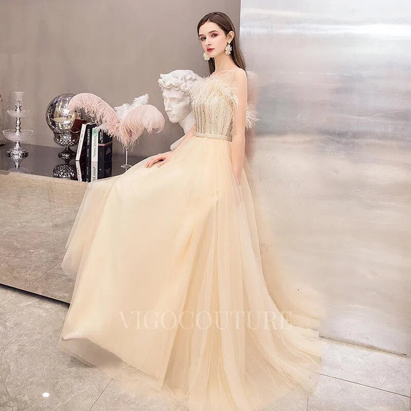 Prom Dress 2025 Champagne A-line Prom Dresses Boatneck Feather Beaded Prom Dresses 20081-unique elegant Prom Dresses-Champagne-US2-vigocouture