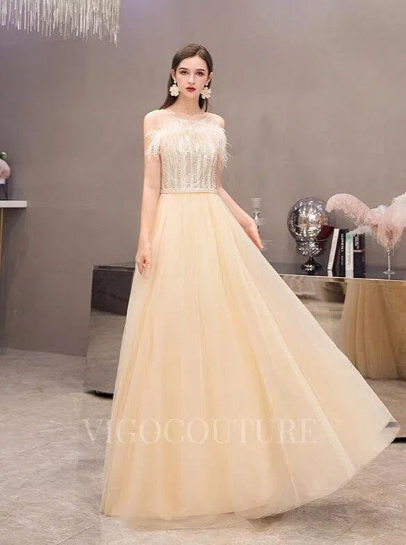 Prom Dress 2025 Champagne A-line Prom Dresses Boatneck Feather Beaded Prom Dresses 20081-unique elegant Prom Dresses-Champagne-US2-vigocouture