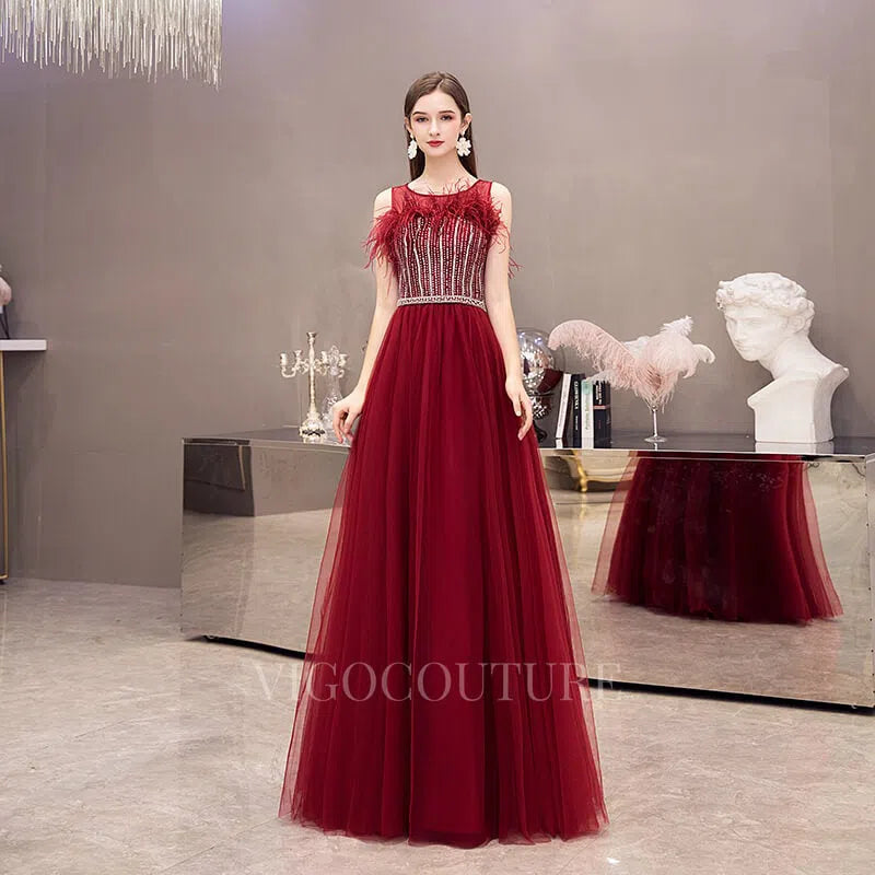 Champagne A-line Prom Dresses Boatneck Feather Beaded Prom Dresses 200 –  vigocouture