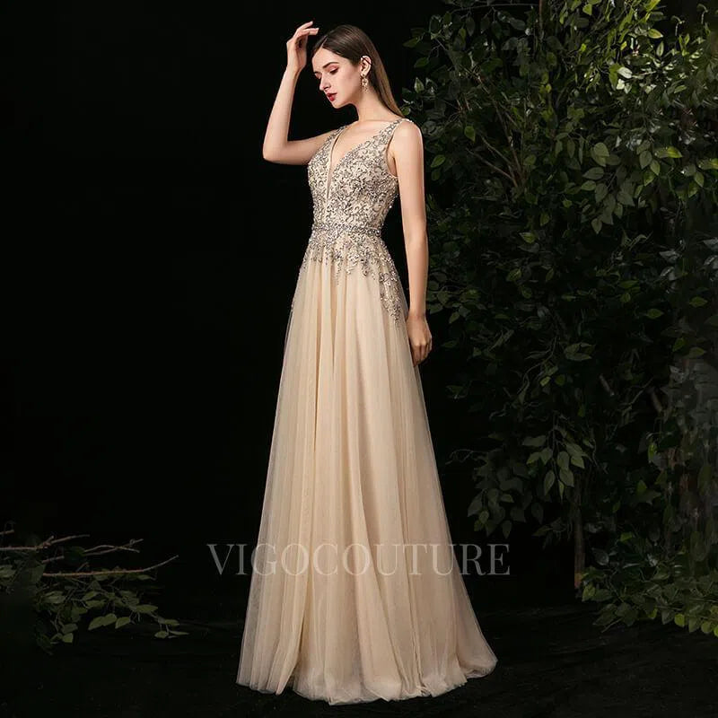 Prom Dress 2025 Champagne A-line Prom Dresses Plunging V-neck Beaded Prom Gown 20137-unique elegant Prom Dresses-Champagne-US2-vigocouture