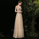 Prom Dress 2025 Champagne A-line Prom Dresses Plunging V-neck Beaded Prom Gown 20137-unique elegant Prom Dresses-Champagne-US2-vigocouture