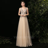 Prom Dress 2025 Champagne A-line Prom Dresses Plunging V-neck Beaded Prom Gown 20137-unique elegant Prom Dresses-Champagne-US2-vigocouture