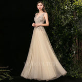 Prom Dress 2025 Champagne A-line Prom Dresses Plunging V-neck Beaded Prom Gown 20137-unique elegant Prom Dresses-Champagne-US2-vigocouture