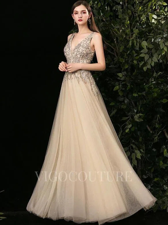 Prom Dress 2025 Champagne A-line Prom Dresses Plunging V-neck Beaded Prom Gown 20137-unique elegant Prom Dresses-Champagne-US2-vigocouture