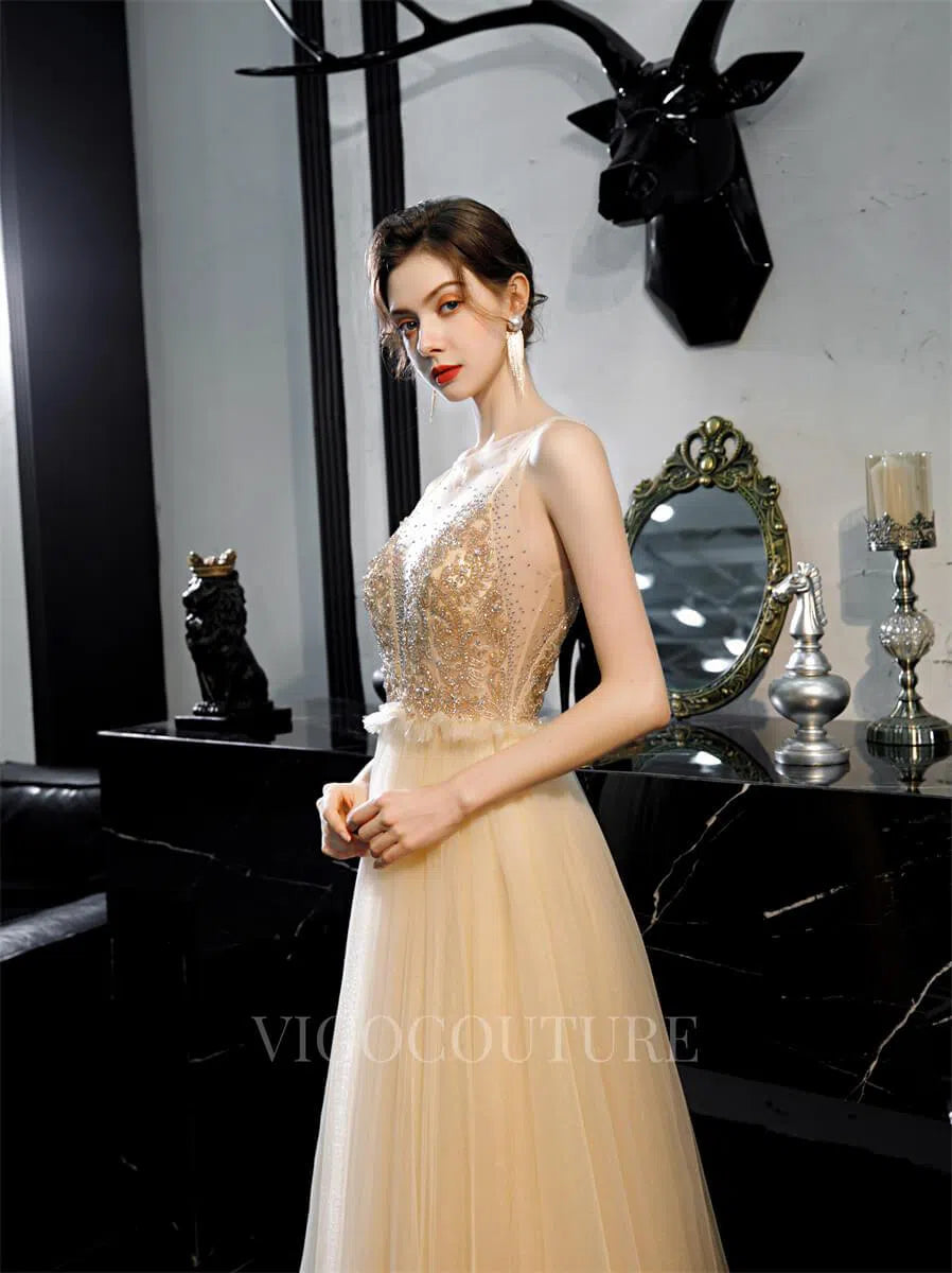 Prom Dress 2025 Champagne A-line Prom Gown Beaded Boatneck Prom Dresses 20166-unique elegant Prom Dresses-Champagne-US2-vigocouture