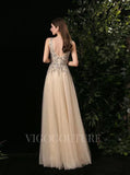 Prom Dress 2025 Champagne A-line Prom Gown Plunging V-neck Beaded Prom Dresses 20266-unique elegant Prom Dresses-Champagne-US2-vigocouture