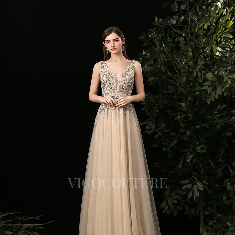 Prom Dress 2025 Champagne A-line Prom Gown Plunging V-neck Beaded Prom Dresses 20266-unique elegant Prom Dresses-Champagne-US2-vigocouture