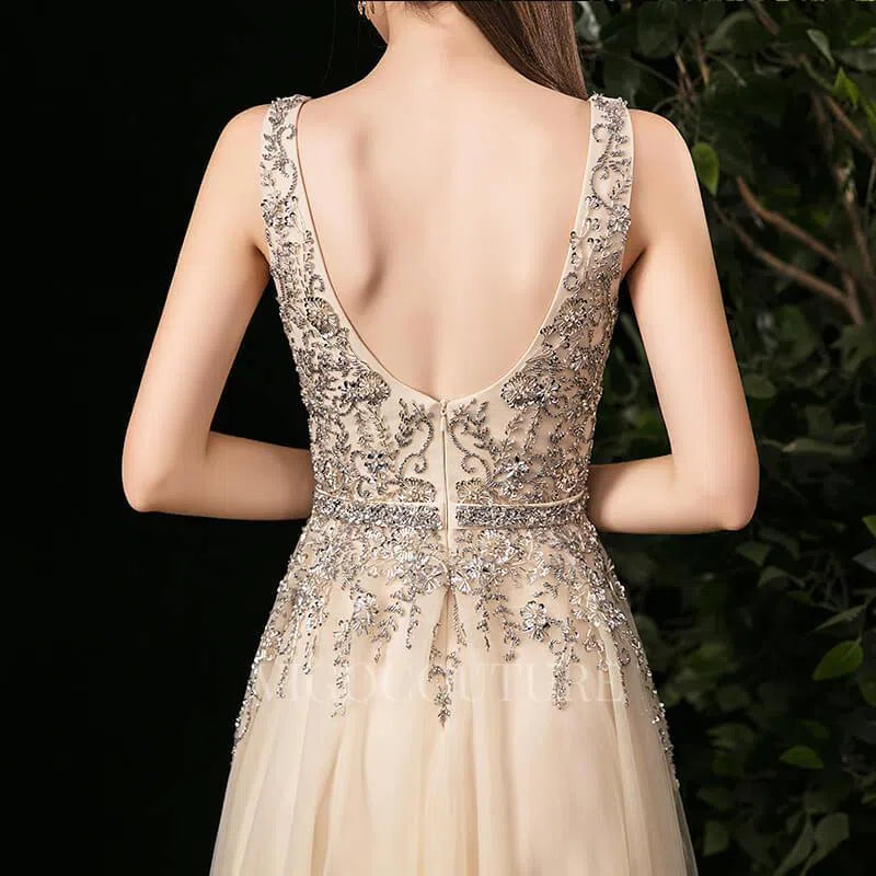 Prom Dress 2025 Champagne A-line Prom Gown Plunging V-neck Beaded Prom Dresses 20266-unique elegant Prom Dresses-Champagne-US2-vigocouture