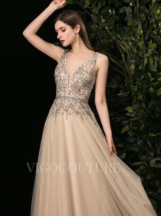 Prom Dress 2025 Champagne A-line Prom Gown Plunging V-neck Beaded Prom Dresses 20266-unique elegant Prom Dresses-Champagne-US2-vigocouture