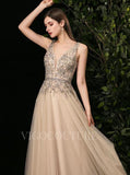 Champagne A-line Prom Gown Plunging V-neck Beaded Prom Dresses 20266