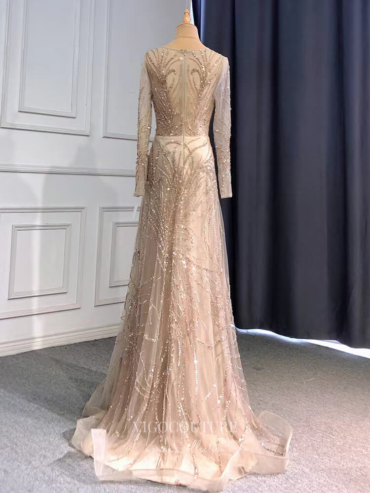 Prom Dress 2025 Champagne Beaded 20s Prom Dresses Long Sleeve Evening Dress 22137-unique elegant Prom Dresses-Champagne-US2-vigocouture