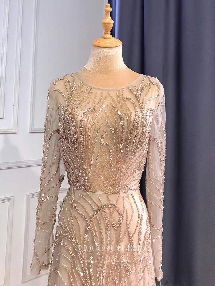 Prom Dress 2025 Champagne Beaded 20s Prom Dresses Long Sleeve Evening Dress 22137-unique elegant Prom Dresses-Champagne-US2-vigocouture