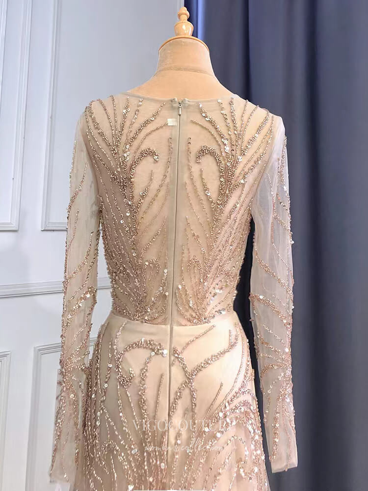 Prom Dress 2025 Champagne Beaded 20s Prom Dresses Long Sleeve Evening Dress 22137-unique elegant Prom Dresses-Champagne-US2-vigocouture