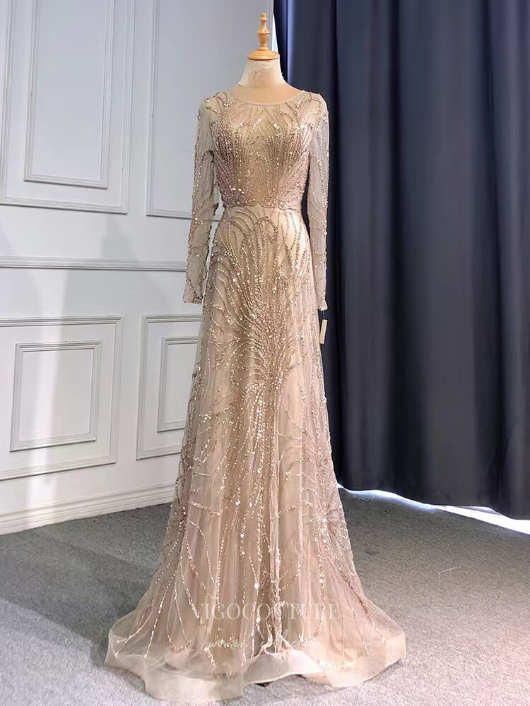 Prom Dress 2025 Champagne Beaded 20s Prom Dresses Long Sleeve Evening Dress 22137-unique elegant Prom Dresses-Champagne-US2-vigocouture