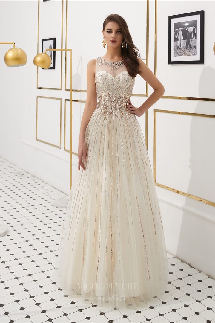 Prom Dress 2025 Champagne Beaded A-Line Prom Dress 20274-unique elegant Prom Dresses-Champagne-US2-vigocouture