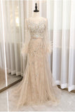 Champagne Beaded Boat Neck Long Sleeve Prom Dresses 20756