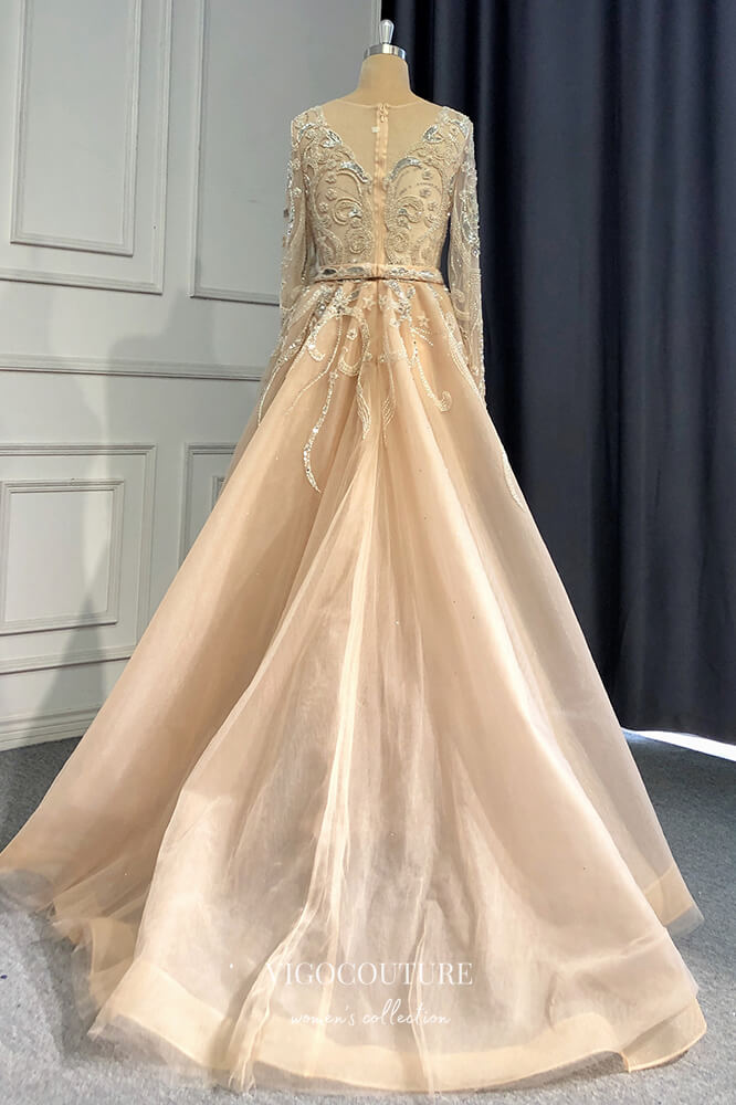 Prom Dress 2025 Champagne Beaded Formal Dresses Long Sleeve Prom Dress 21610-unique elegant Prom Dresses-Champagne-US2-vigocouture