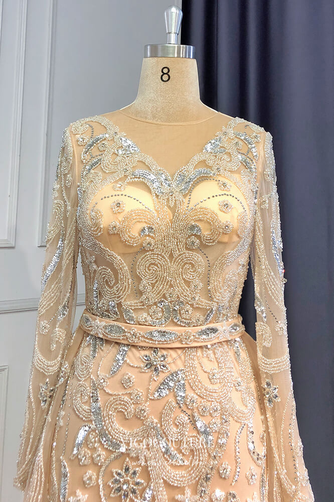 Prom Dress 2025 Champagne Beaded Formal Dresses Long Sleeve Prom Dress 21610-unique elegant Prom Dresses-Champagne-US2-vigocouture