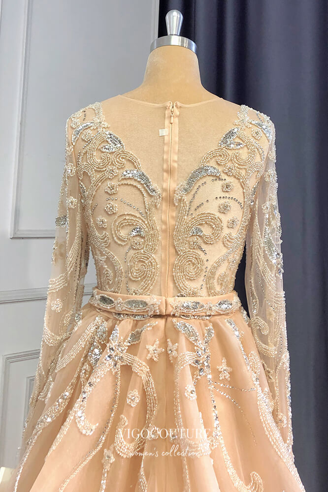 Prom Dress 2025 Champagne Beaded Formal Dresses Long Sleeve Prom Dress 21610-unique elegant Prom Dresses-Champagne-US2-vigocouture