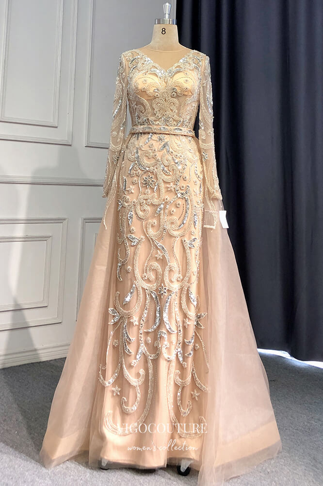 Prom Dress 2025 Champagne Beaded Formal Dresses Long Sleeve Prom Dress 21610-unique elegant Prom Dresses-Champagne-US2-vigocouture