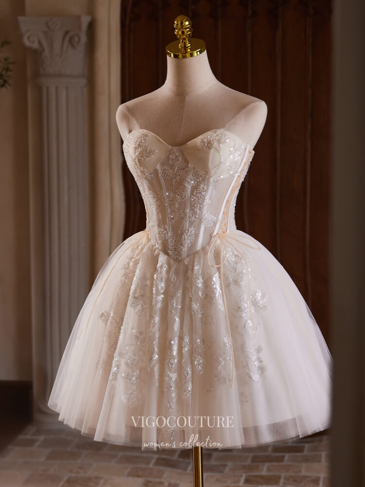 strapless dresses for graduation Sweetheart Lace Short Dress professional finish to the lace Champagne Beaded Lace Homecoming Dress
