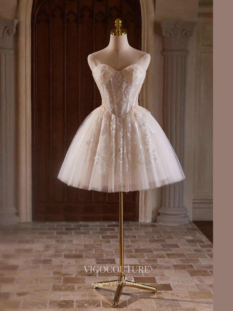 Champagne Beaded Lace Homecoming Dress Strapless Graduation Dress hc31 – vigocouture