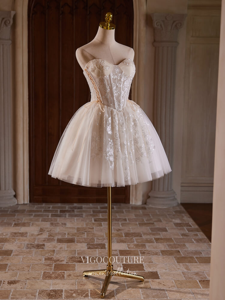 Champagne Beaded Lace Homecoming Dress Strapless Graduation Dress hc31 – vigocouture
