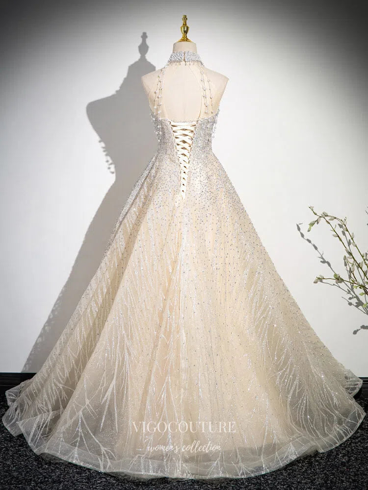 Champagne Beaded Lace Pearl Prom Dresses Halter Neck Formal Dress 25079 Champagne / US0 Champagne Beaded Lace Pearl Prom Dresses Halter Neck Formal Dress 25079 Champagne / US0