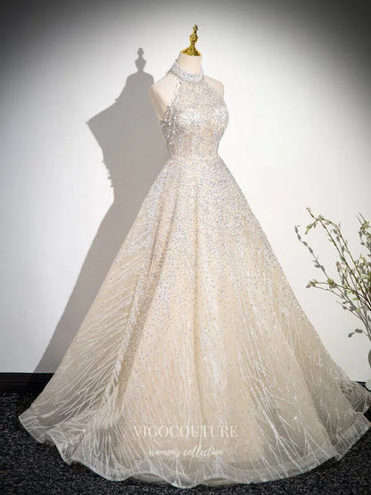 Champagne Beaded Lace Pearl Prom Dresses Halter Neck Formal Dress 2507 – vigocouture