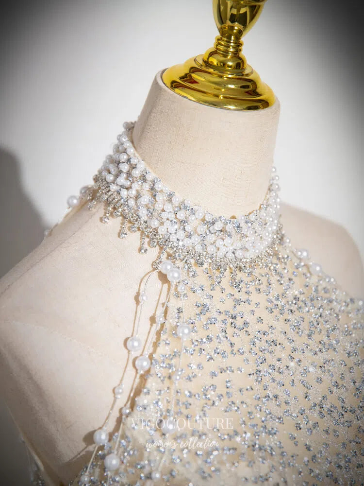 Champagne Beaded Lace Pearl Prom Dresses Halter Neck Formal Dress 25079 Champagne / US0 Champagne Beaded Lace Pearl Prom Dresses Halter Neck Formal Dress 25079 Champagne / US0