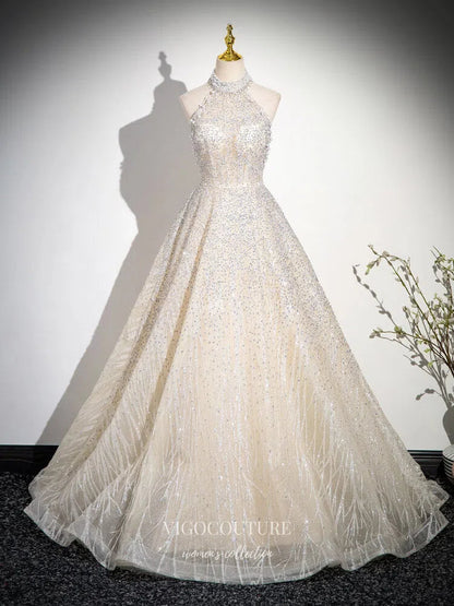 Champagne Beaded Lace Pearl Prom Dresses Halter Neck Formal Dress 2507 – vigocouture